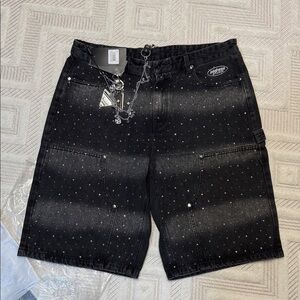 WATSON - Multi Rhinestone Black Denim Carpenter Shorts